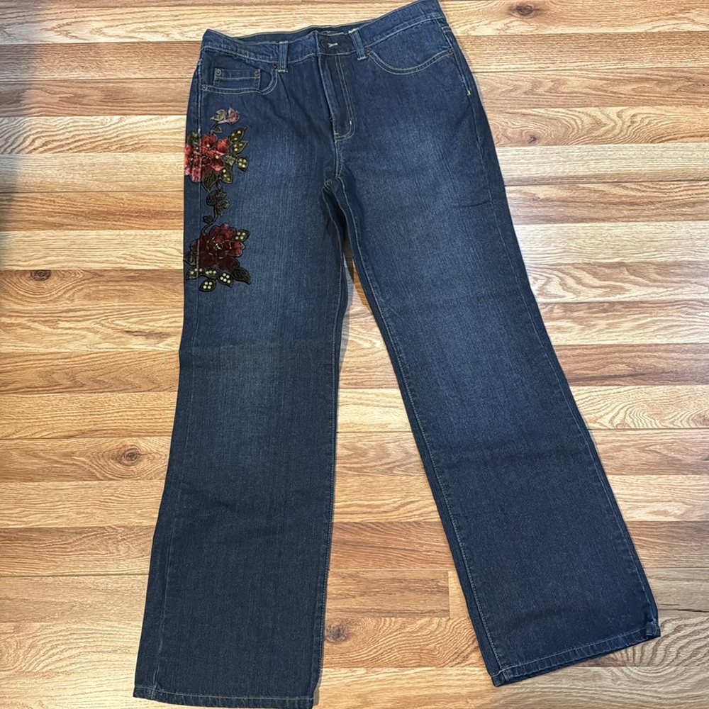 New York & Company Dark Blue Boot Cut Jeans with Red Floral Embroidery